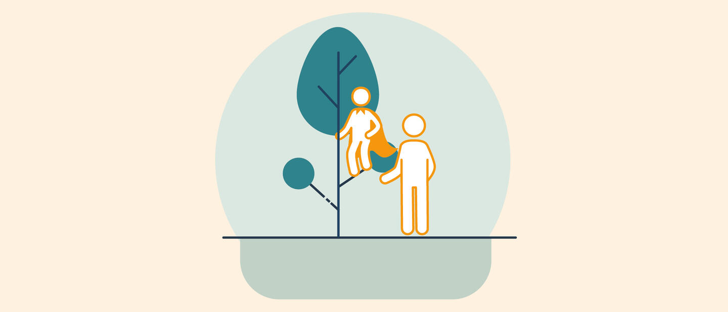 Illustratie van ouder die kind stimuleert in boom te klimmen