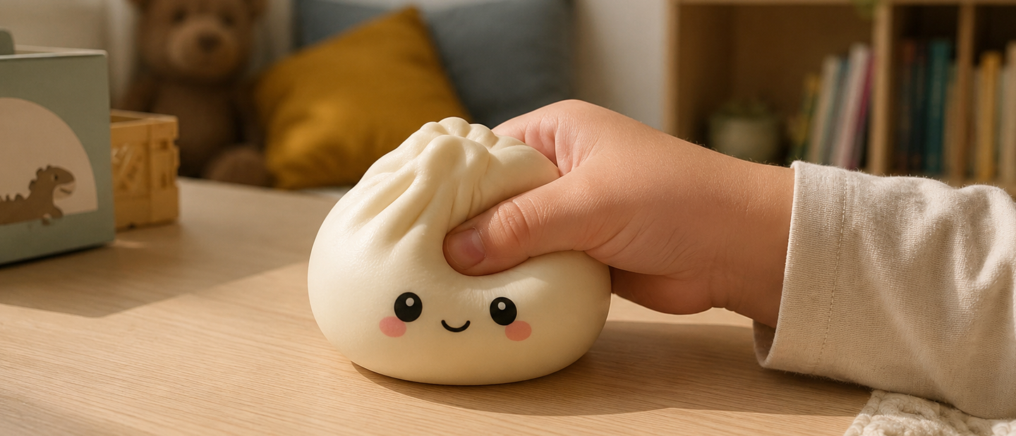 kinderhandje knijpt in squishy speelgoed