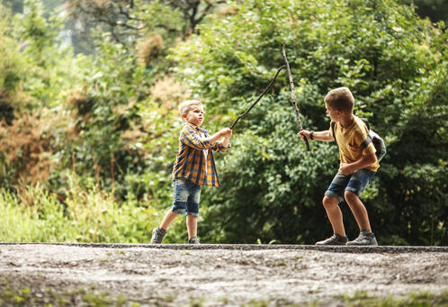 Jongens spelen met stokken
